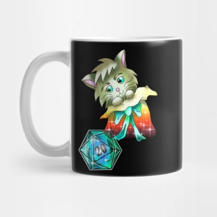 Cute kitty cat in a bag with a D20 dnd dice Mug